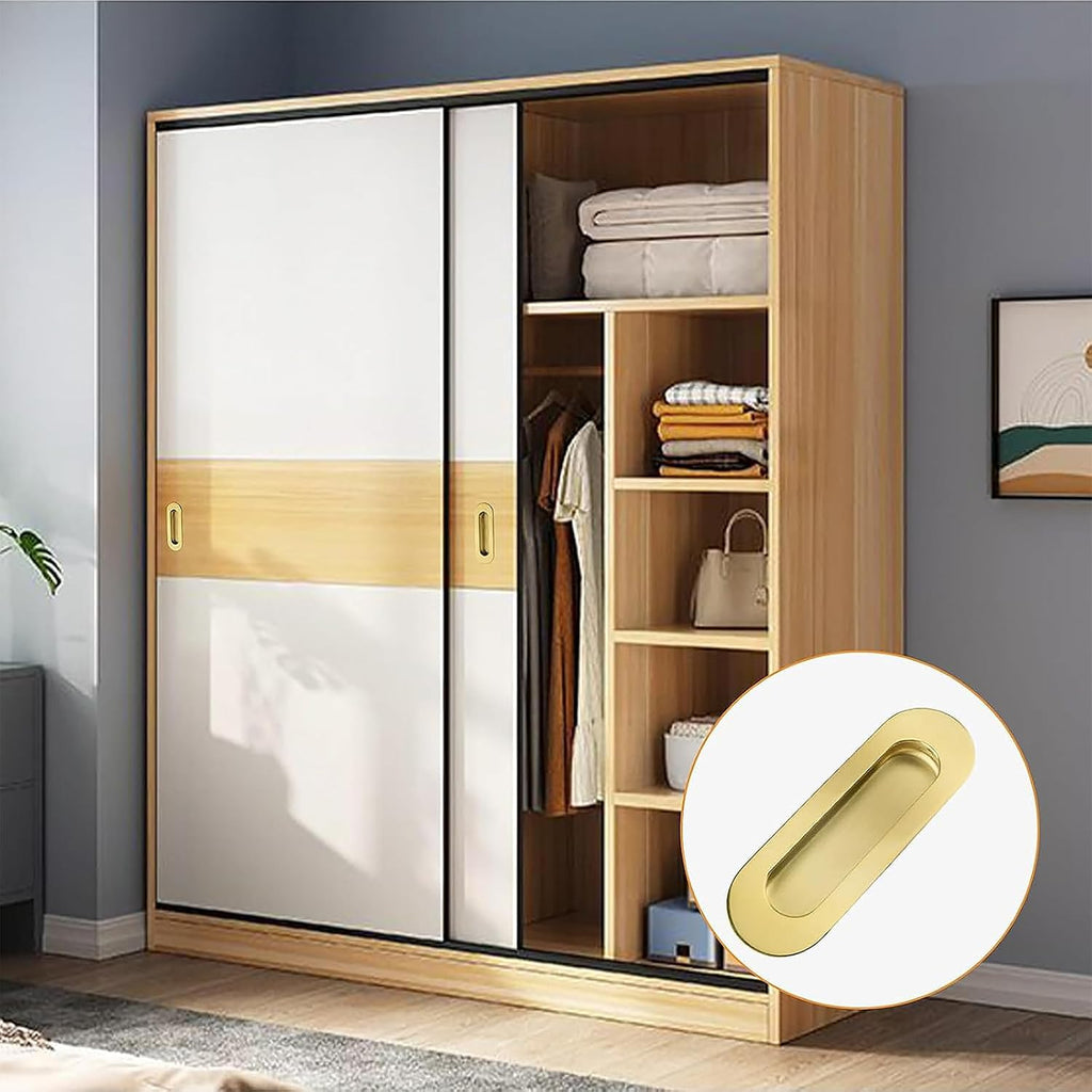 MOROBOR 4Pcs Stainless Steel Side Hole Flush Pull, Oval Bright Gold Embedded Sliding Door Handle Recessed Finger Pulls with Hidden Screws for Pocket Door Drawer Cupboard Wardrobe