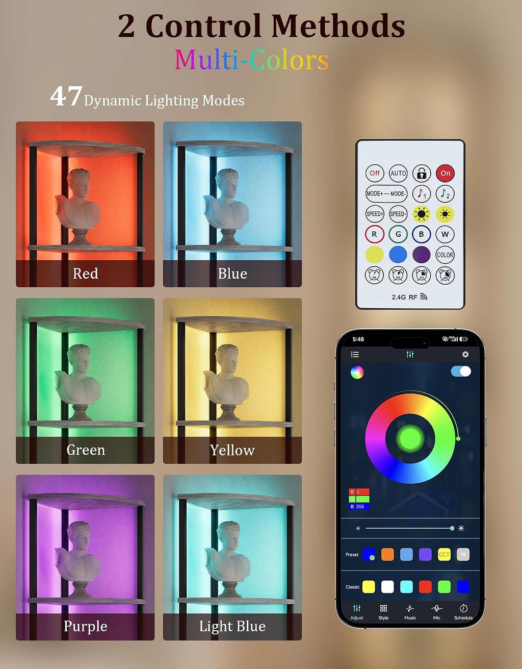 Corner Shelf with LED Light, 5 Tier Smart Color Changing Floor Lamp with Remote, 62" Display Shelf Bookshelf Narrow Storage Rack Standing Lamp for Living Room Bedroom Home Office Decor, Grey