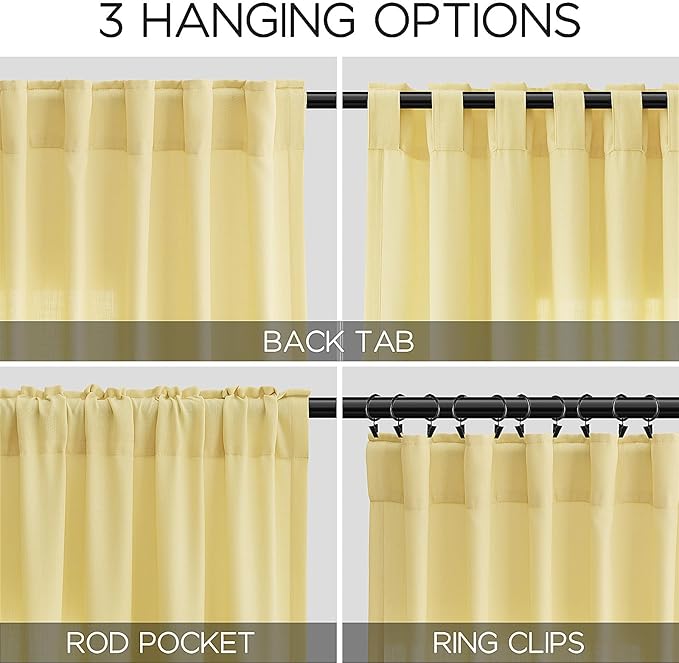 Nanspring Yellow Linen Semi Sheer Curtains 72 Inch Length - Image 3