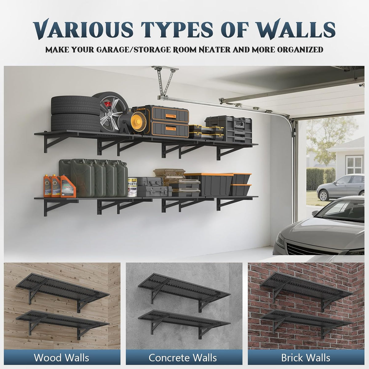 2 Pack Garage Wall Shelving, 1.5x4ft, 700LBS Integrated Wall Shelves