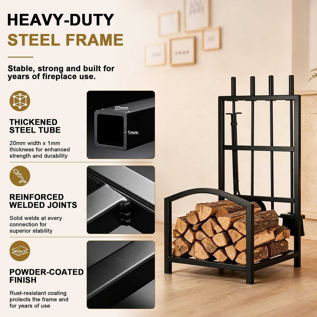 Fireplace Tools Set with Log Rack Holder, Heavy-Duty Steel Frame
