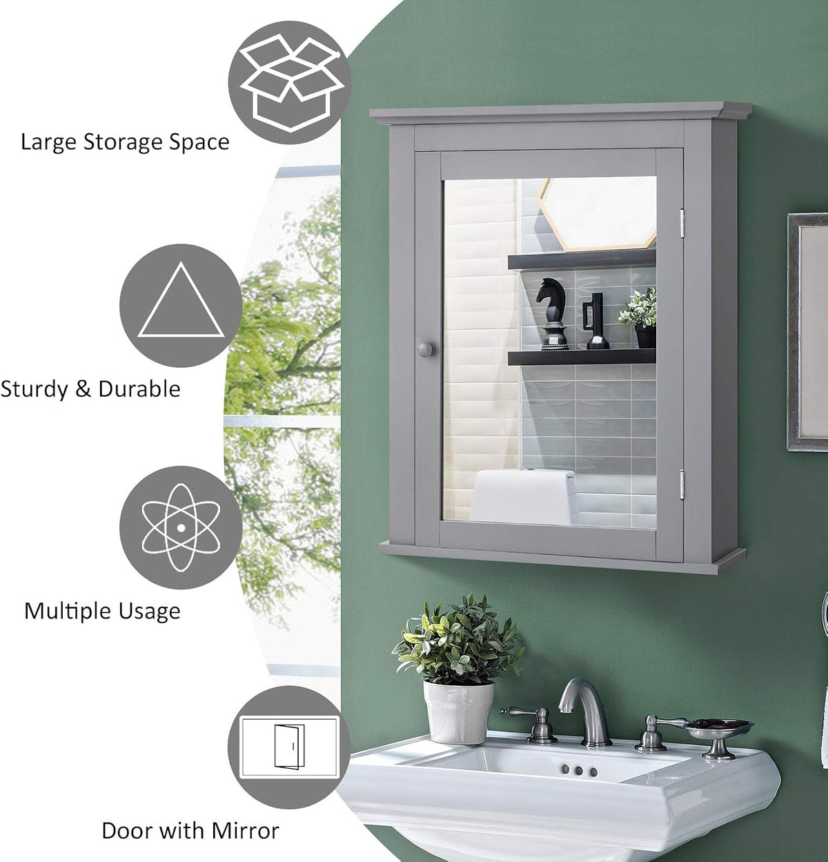 Bathroom Mirror Cabinet, Wall Mounted Cabinet with Mirror Door, Adjustable Shef, Round Knob, Space Saving Wood Medicine Cabinet for Kitchen (Grey)