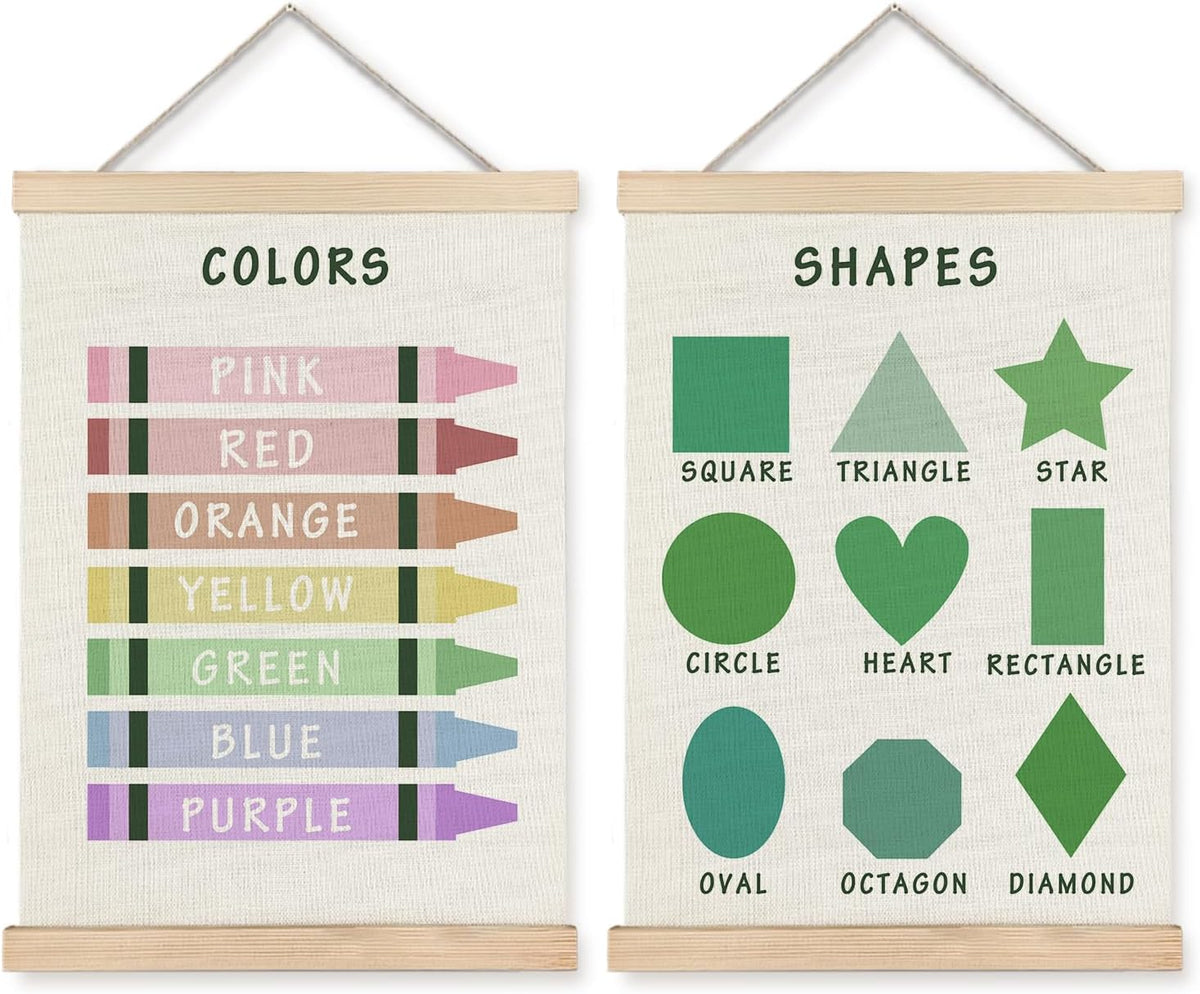 Supwhd Shapes Colors Posters for Classroom Wall, Shapes Colors Learning Poster Hanger Frame Wall Decor for Classroom Nursery Kids Room Playroom Preschool Decor, 12x16 Set of 2