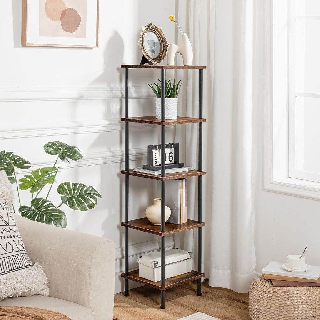 HOOBRO 5-Tier Corner Shelf Stand, Corner Square Rack Display Shelf, Tall Storage Plant Stand, Bookcase for Small Spaces, Living Room, Home Office, Kitchen, Rustic Brown and Black BF50CJ01