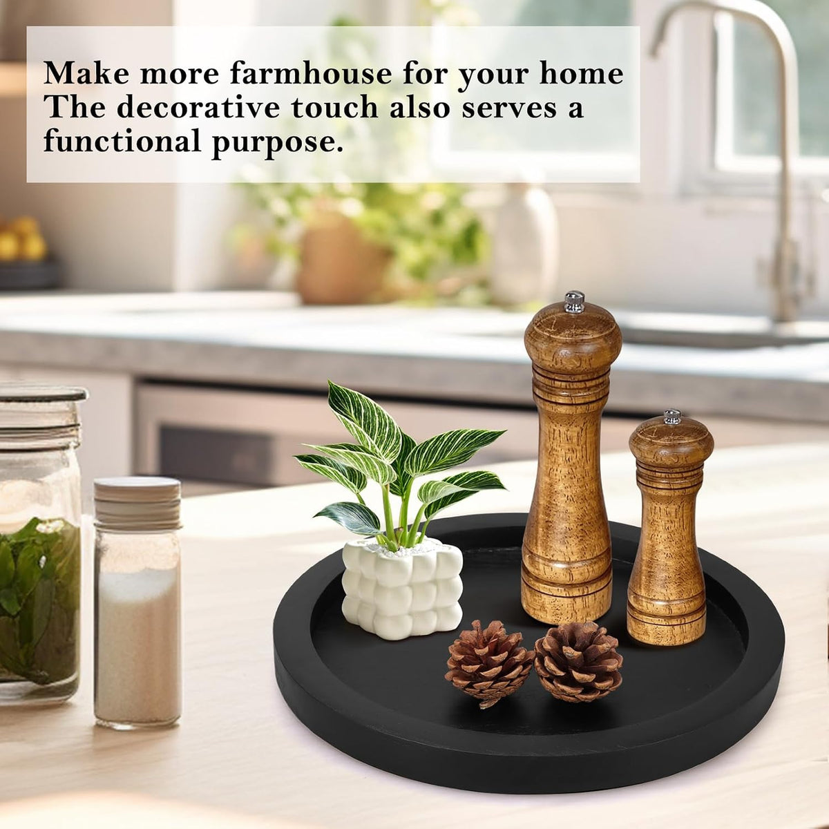 Black Round Wood Decorative Tray for Coffee Dining Table Centerpiece Decor