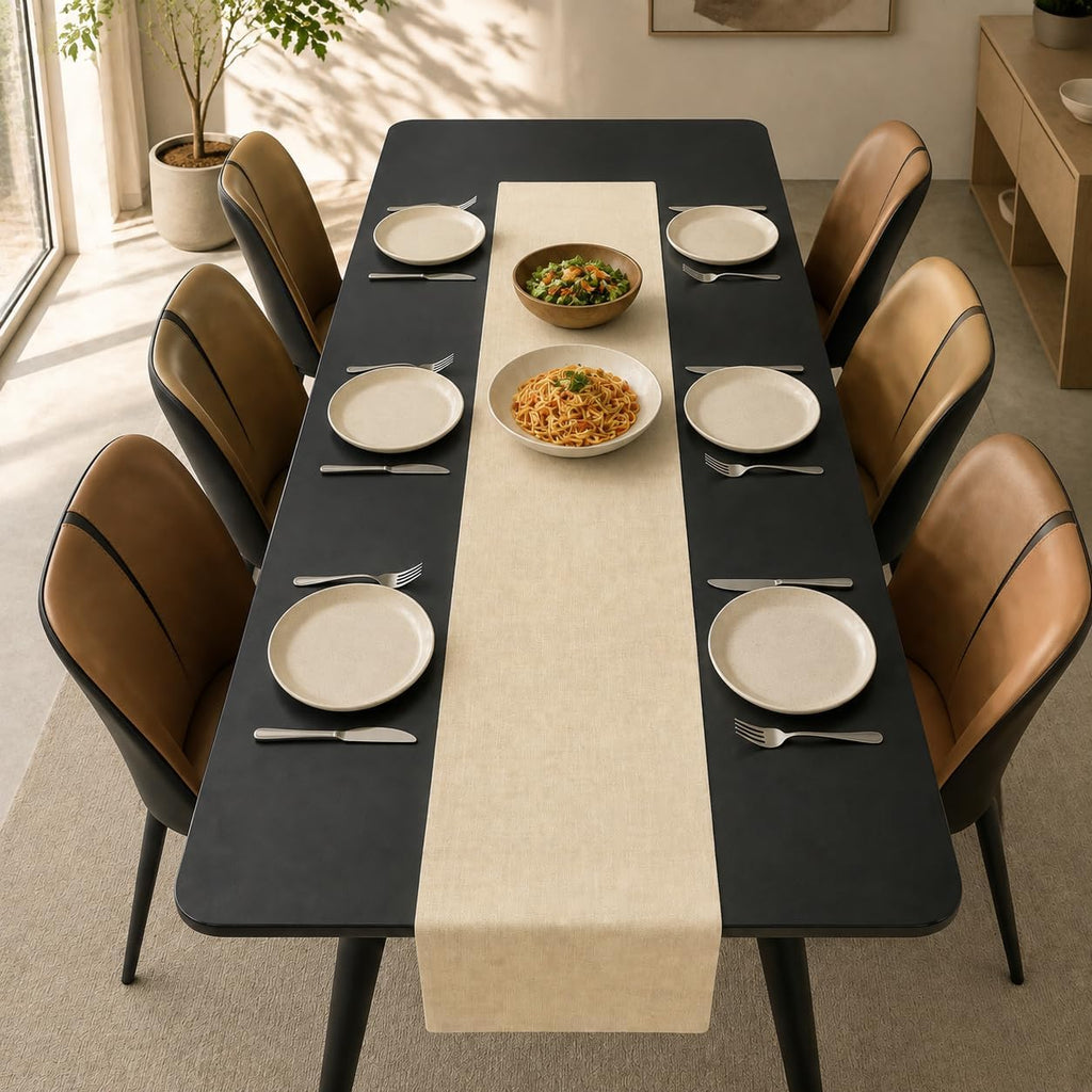 Beige Faux Linen Table Runner Waterproof Elegant Modern Table Decor 72inch