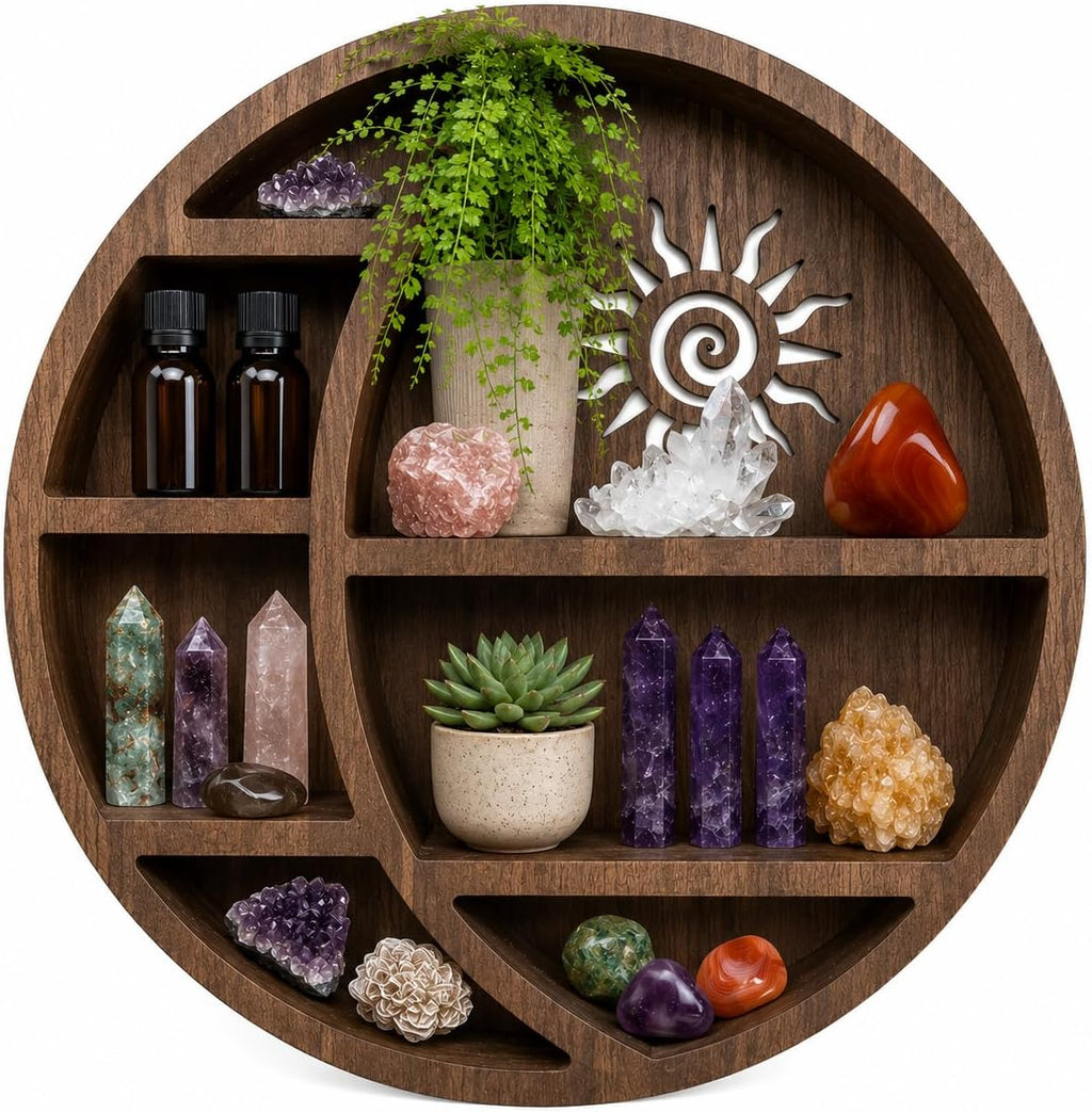 Wooden Crescent Moon Shelf Wall Decor — Aesthetic Floating Crystal Display Holder & Hanging Organizer for Bedroom, Dorm & Spiritual Room Decor | 14"x14"x3.5" | (Sun Cutout - Brown)