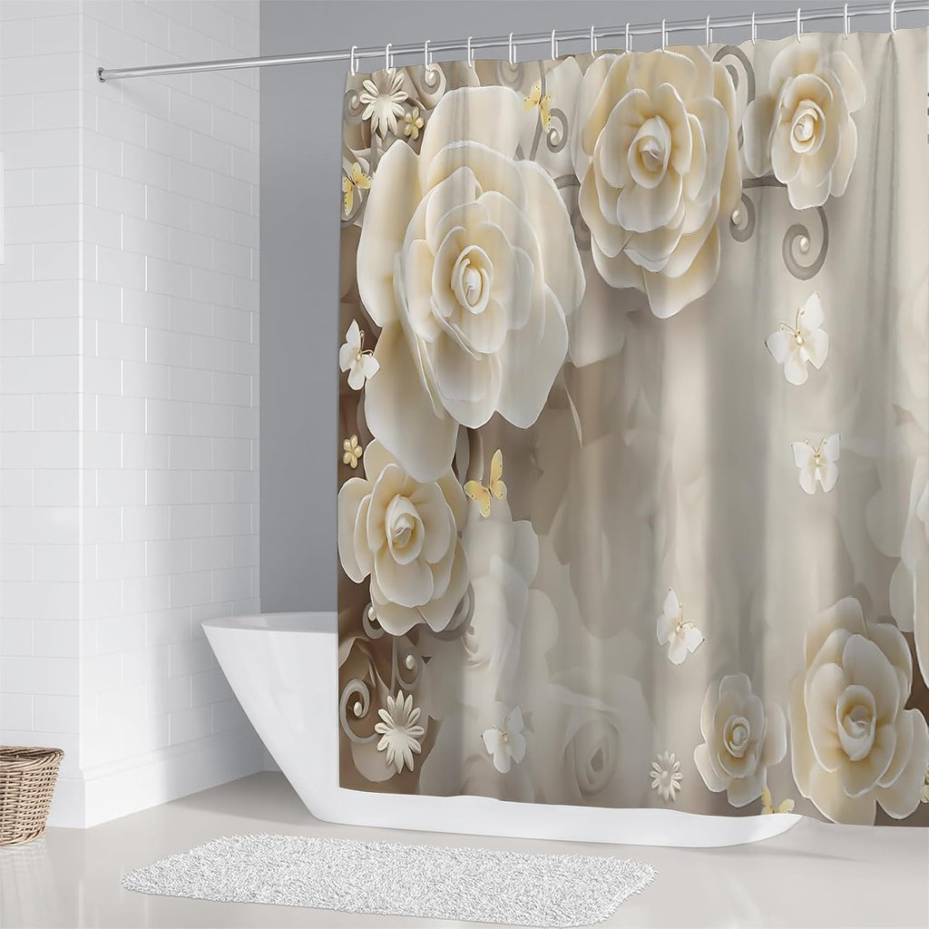 Chrainy 4pcs Beige Flowers Shower Cutain Bathroom Decor Sets with Rugs