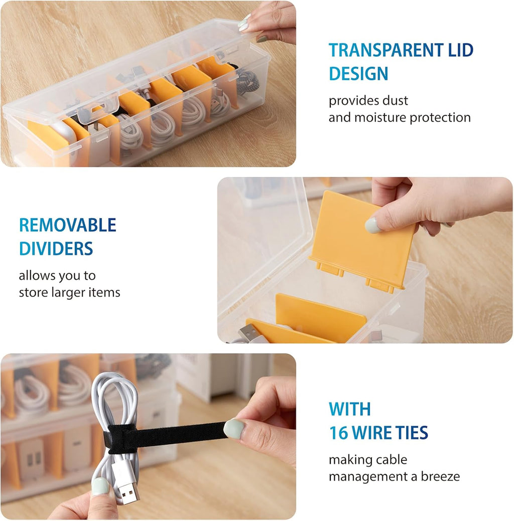 2 Pack Cable Organizer Storage Box with 16 Cable Ties, Clear Phone Charger Organizer Case Wire Organizers for Cords Electronic Storage Box for Drawer Desk Office Home