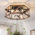 6-light retro style semi-inset ceiling fan lamp, 20 inches, Retro-style antique wooden ceiling fan with light，low-profile ceiling fan lamp, suitable for vacation cabins, bedroom relaxation areas.