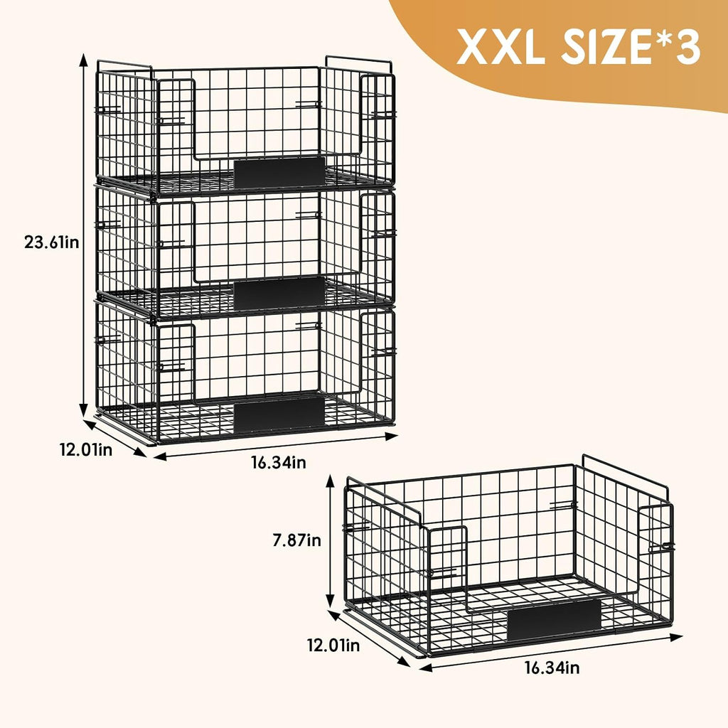 3 Pack XXL Stackable Wire Baskets with Handles & Name Plates