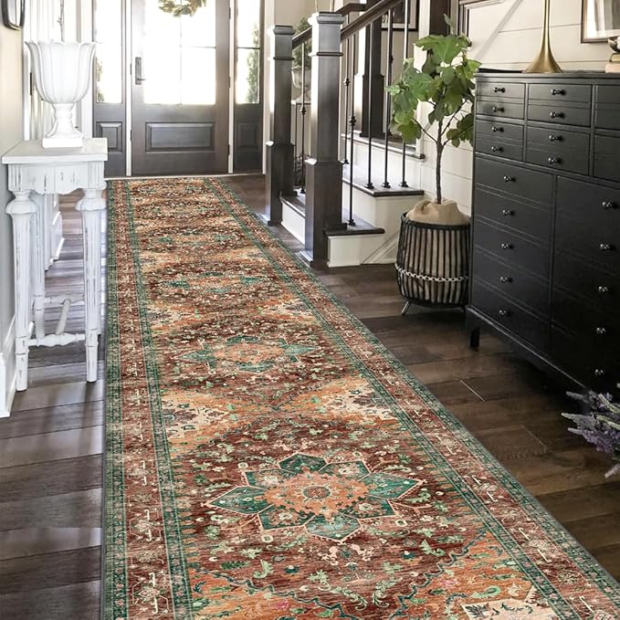 Washable Runner Rug, Stain Resistant & Low Pile Faux Wool Distressed Carpet - Image 6