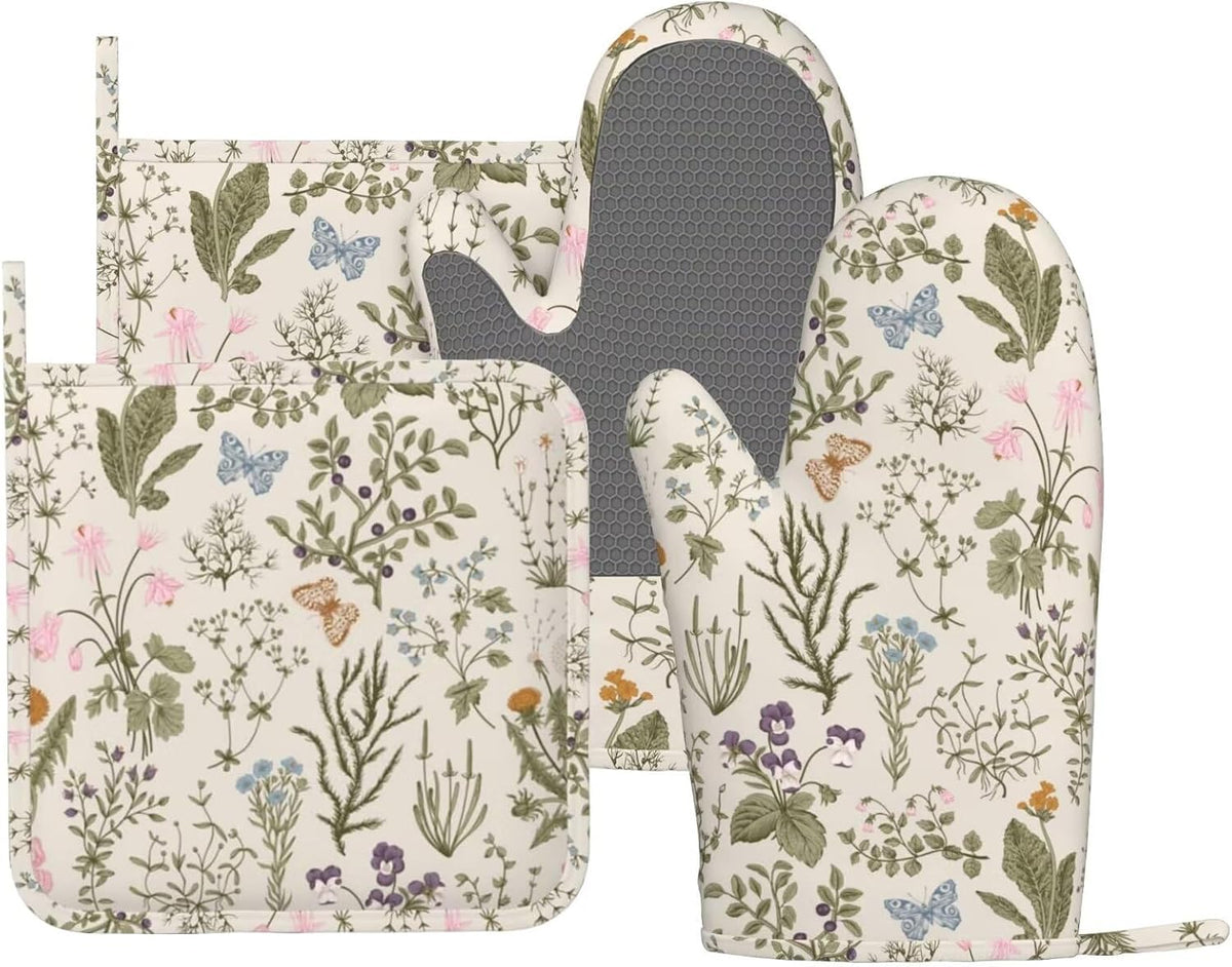 Brown Cowhide Oven Mitts and Pot Holders Sets Silicone Brown Cow Print Kitchen Mitts Cowhide Skin Pattern Potholders Heat Resistant 4Pcs Oven Gloves Hot Pads for Kitchen Baking Cooking
