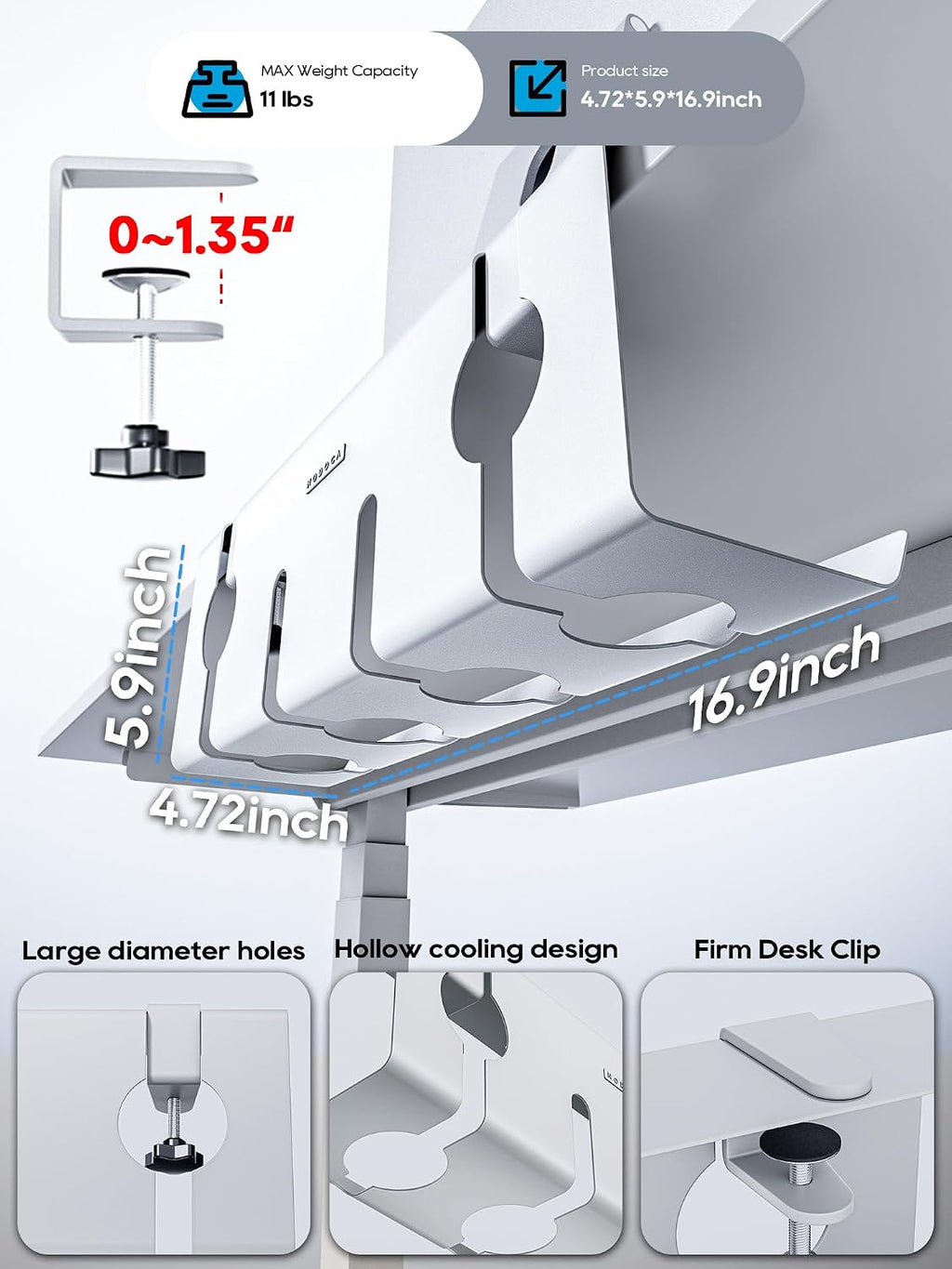 NODOCA No Drill Under Desk Cable Management Tray, 17'' Wire Management, Punch-Free Clamp on, Metal Cable Tray, Wire Organizer Under Desk, Under Dessk Basket for Office and Home, White