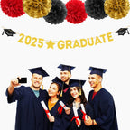 Red Black-Gold Party-Decoration Graduation Banner - 8pcs Kits Cap Garland Streamers, Paper Tissue Pom Poms Flowers, 2025 Craduate Banner Congratulations Grad Decor Lasting Surprise