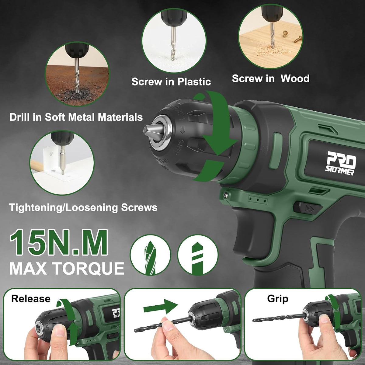 Prostormer Home Tool Kit with 8V Cordless Drill Driver, Green
