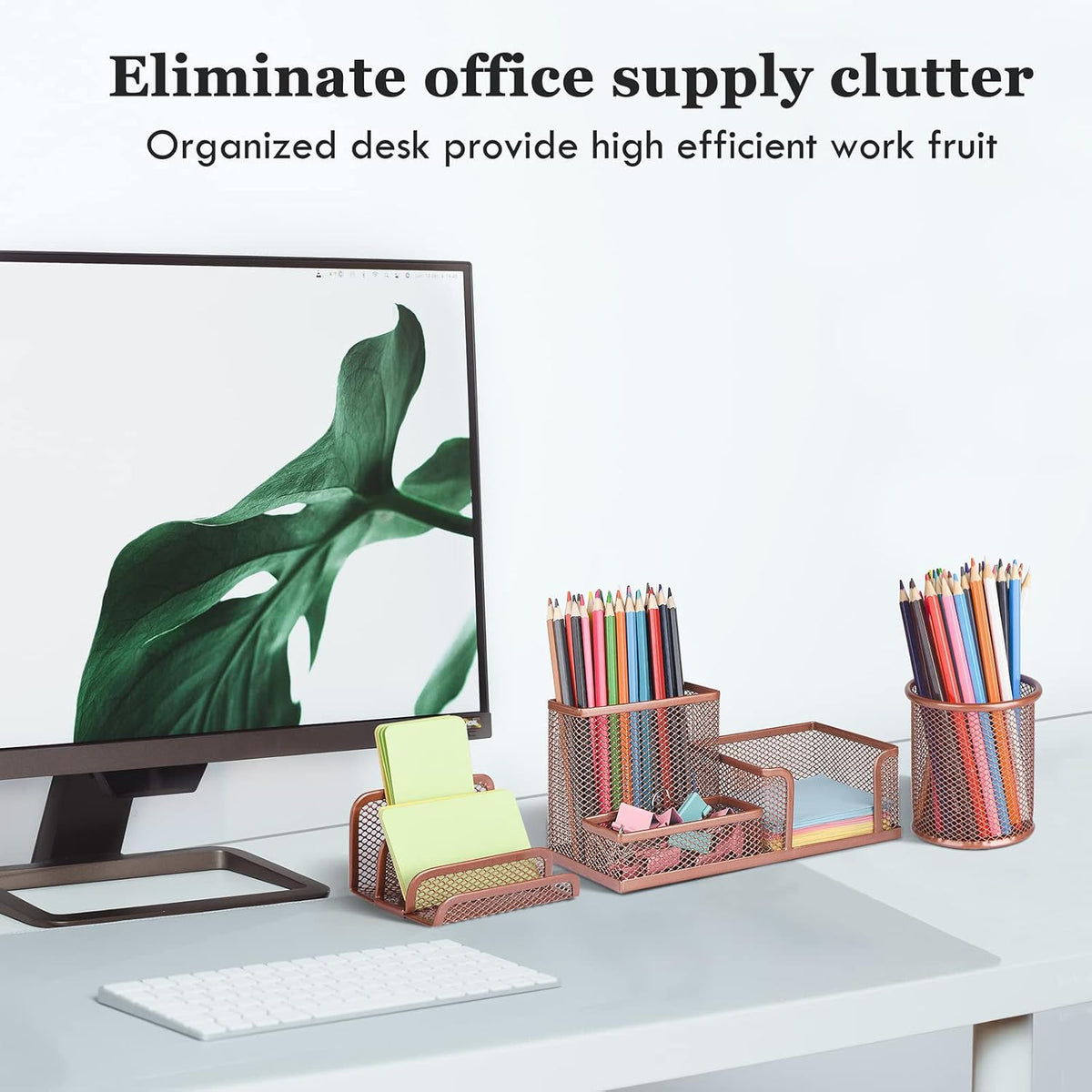 Desk Organizers Set with Mesh Pen Holder Cup, Rose Gold