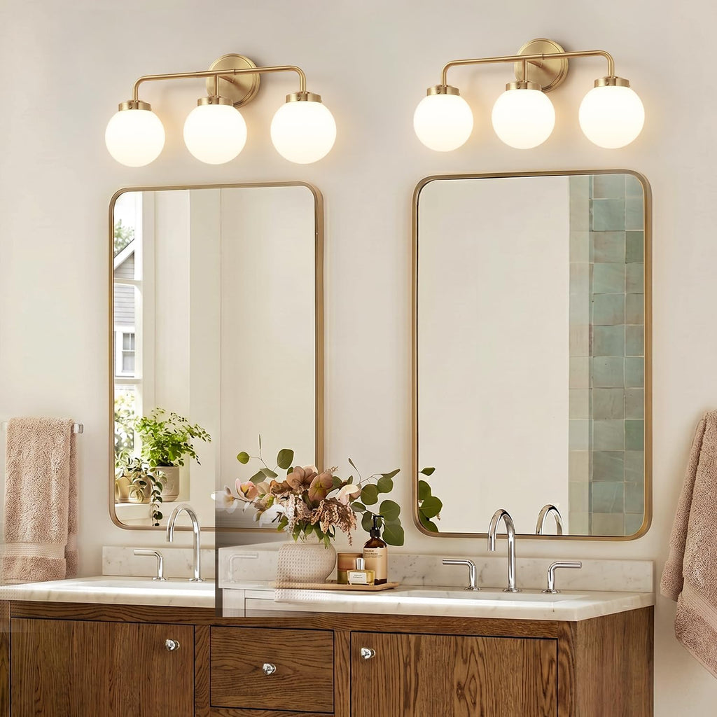 Modern Brushed Gold Vanity Lights for Bathroom, Mid Century 3 Light Bathroom Vanity Light with Globe Milky White Glass Shade Over Mirror, Brass Wall Sconce for Bathroom Hallway Living Room Bedroom