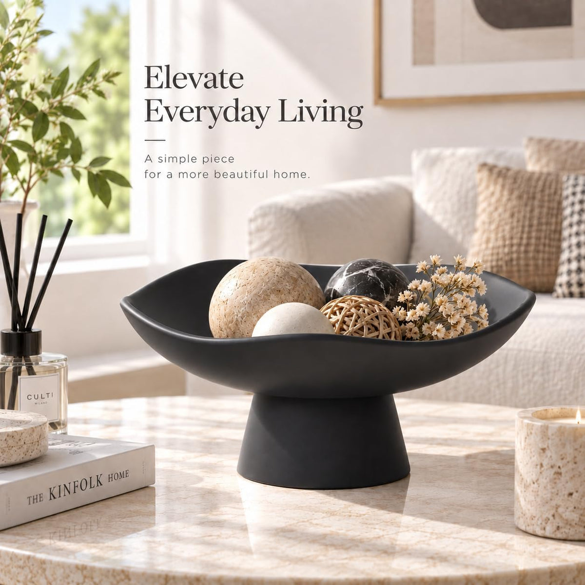 Resin Pedestal Bowl, Wavy Decorative Bowl for Table Decor, Black