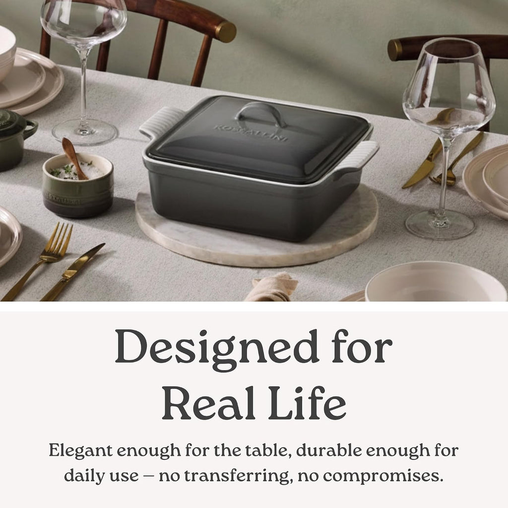 Square Stoneware Casserole Dish with Lid, 2.5 Qt, Glossy White