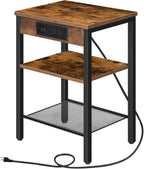 HOOBRO End Table with Charging Station and USB Port, Small Side Table for Small Space, 3-Tier Nightstand with Adjustable Shelf, for Living Room, Bedroom, Rustic Brown BF112BZ01