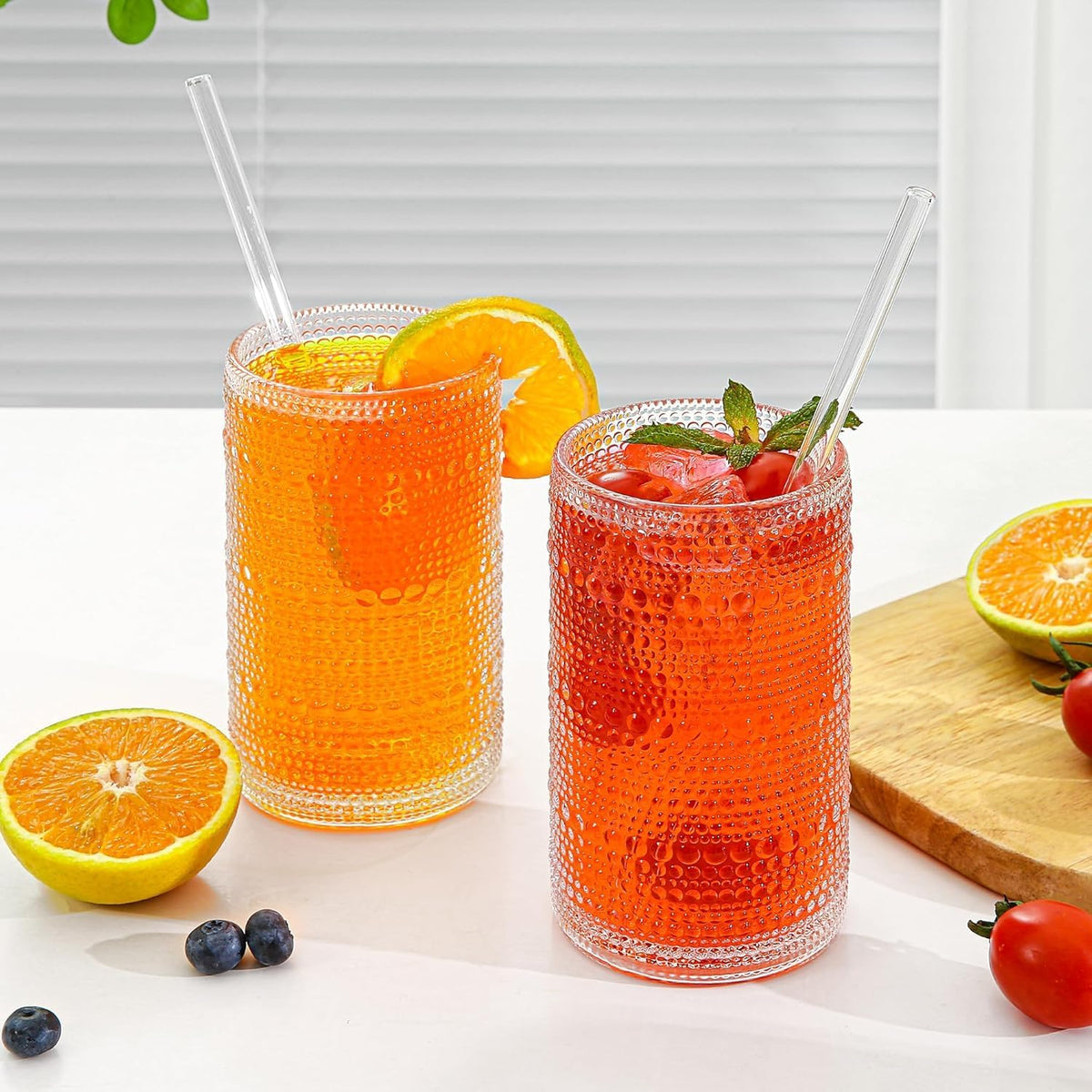 16oz Clear Hobnail Drinking Glasses with Straws Set of 12, Highball Glasses Cups, Kitchen Water Glasses Cup, for Cocktail, Juice, Whiskey, Milk and Various Mixed Drinks