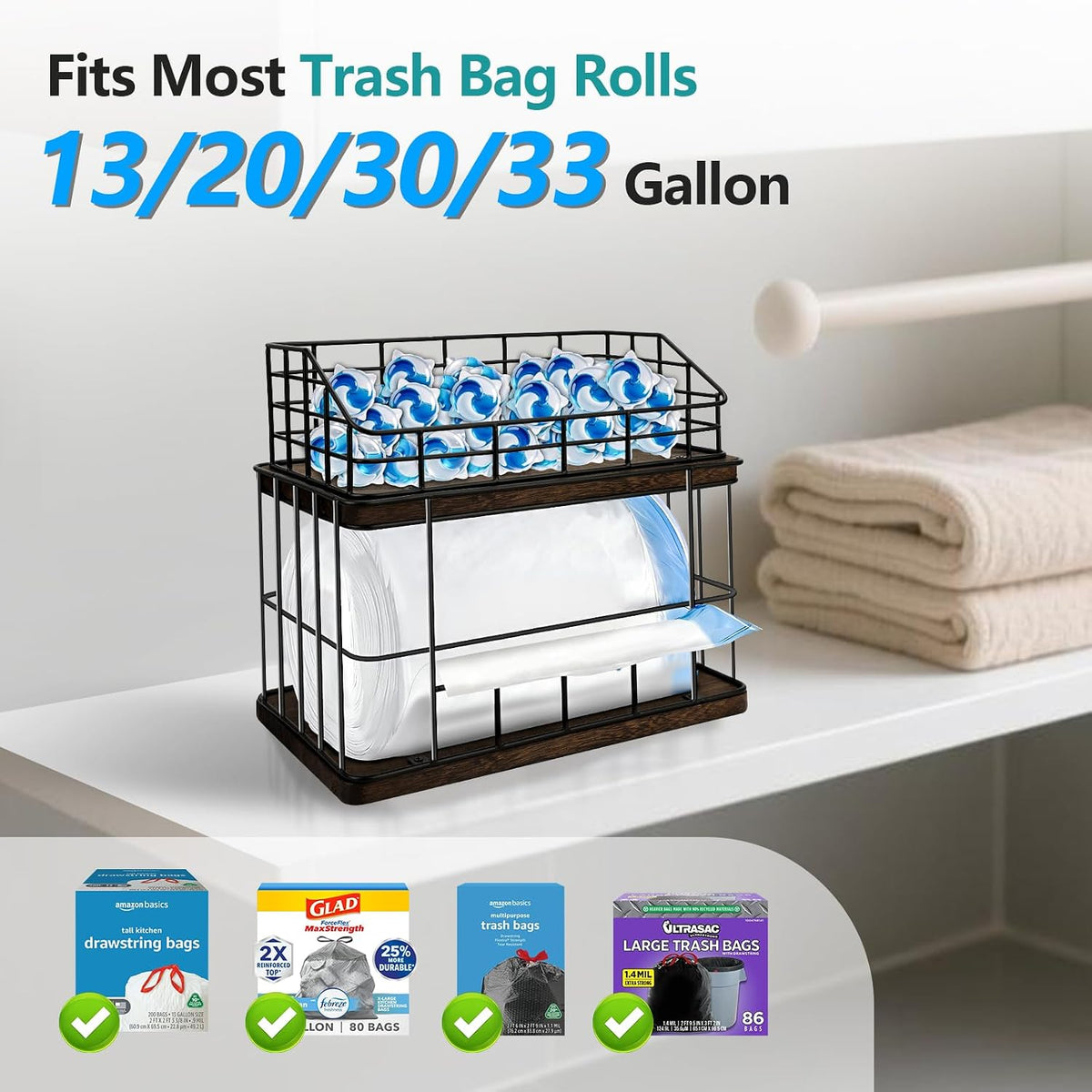 2-in-1 Trash Bag Holder & Dishwasher Pods Organizer, Extra Large Trash Bags Dispenser, Kitchen Organizer and Under Sink Storage Box