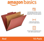 Amazon Basics Classification Folder with Prongs, Pressboard, 2 Dividers, 2-Inch Expansion, Letter Size, Red, Pack of 10, for Organizing Documents