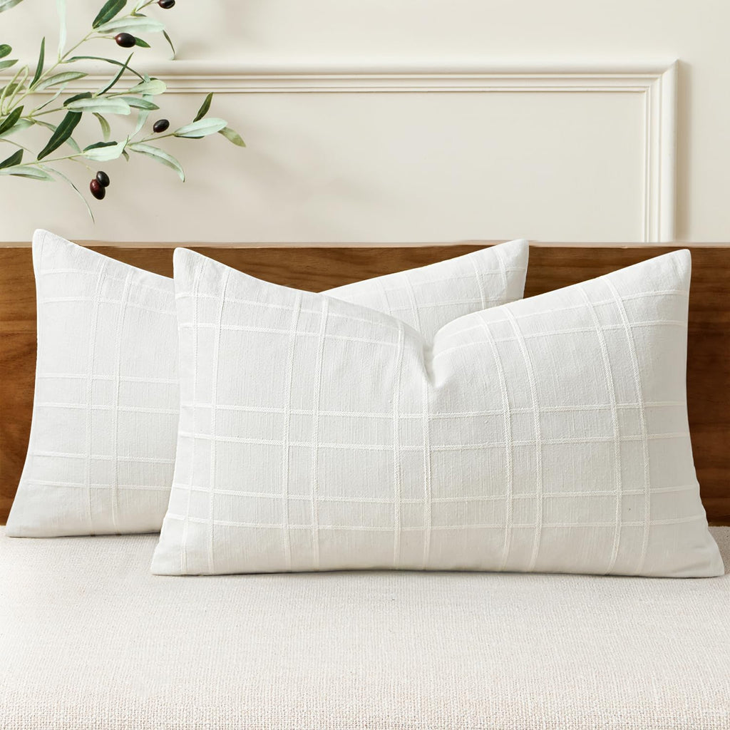 MIULEE Linen Plaid Pillow Covers Decorative Lumbar 12x20 Cream White