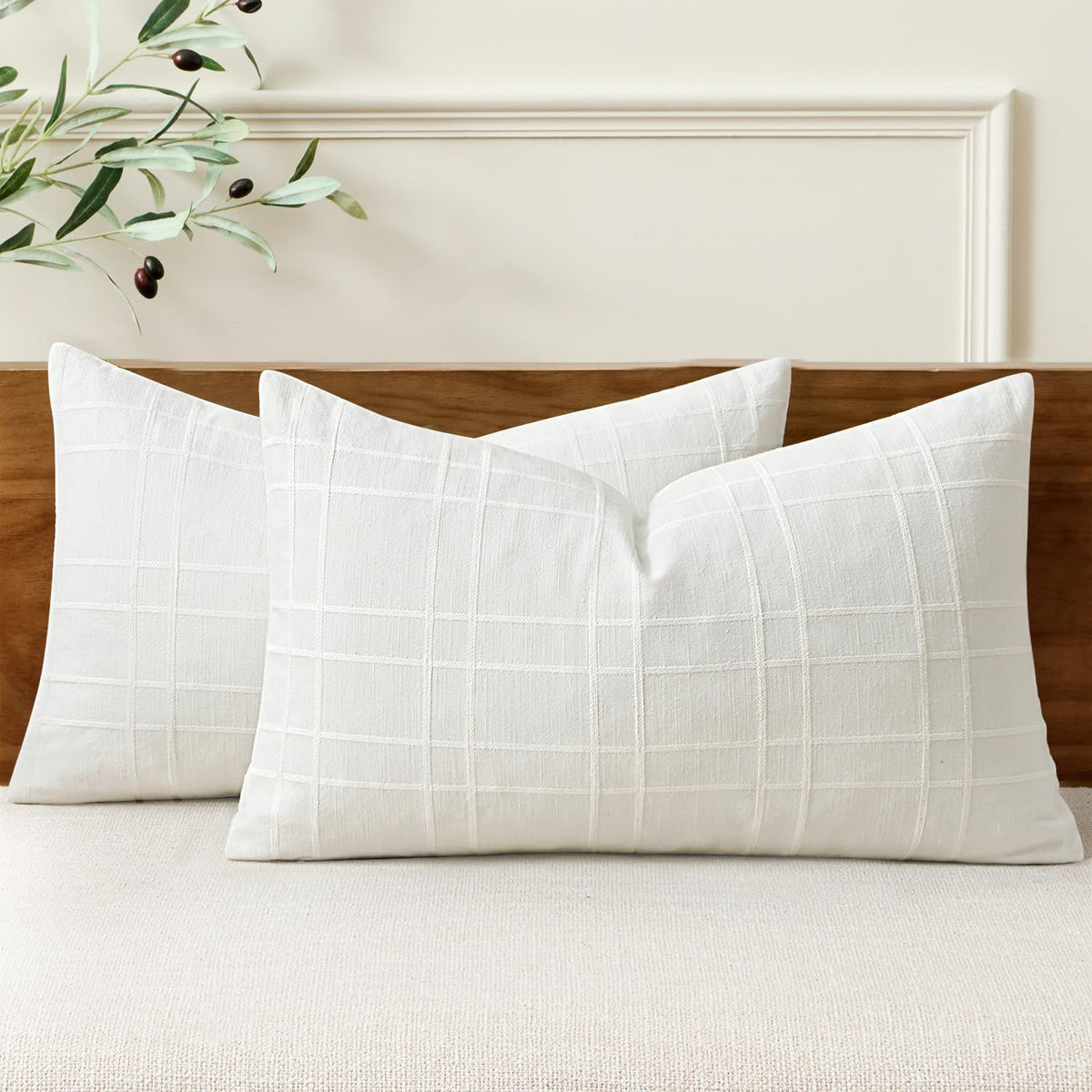 MIULEE Linen Plaid Pillow Covers Decorative Lumbar 12x20 Cream White