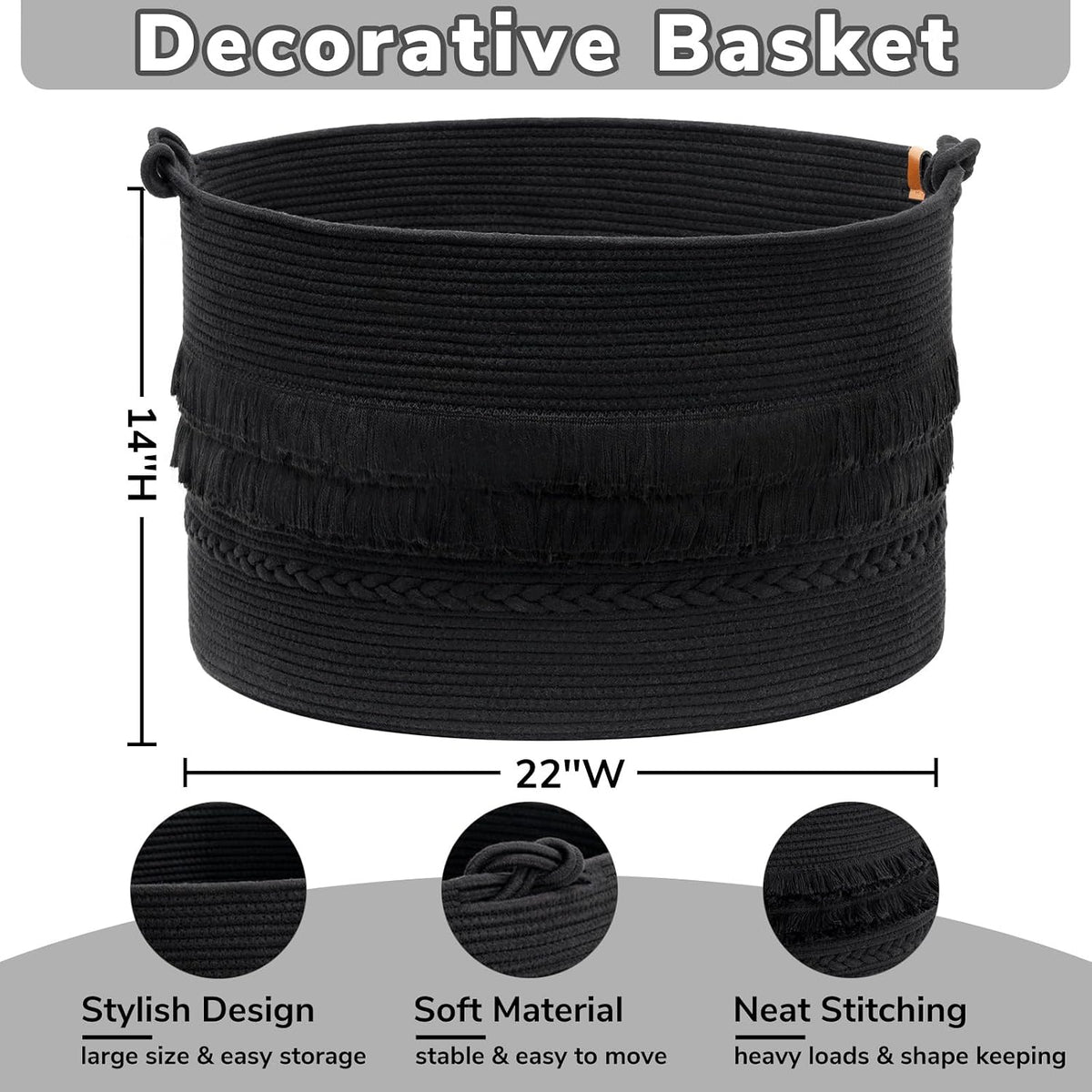 CherryNow 90L Large Woven Rope Blanket Basket with Tassel, 22" x 14", Black