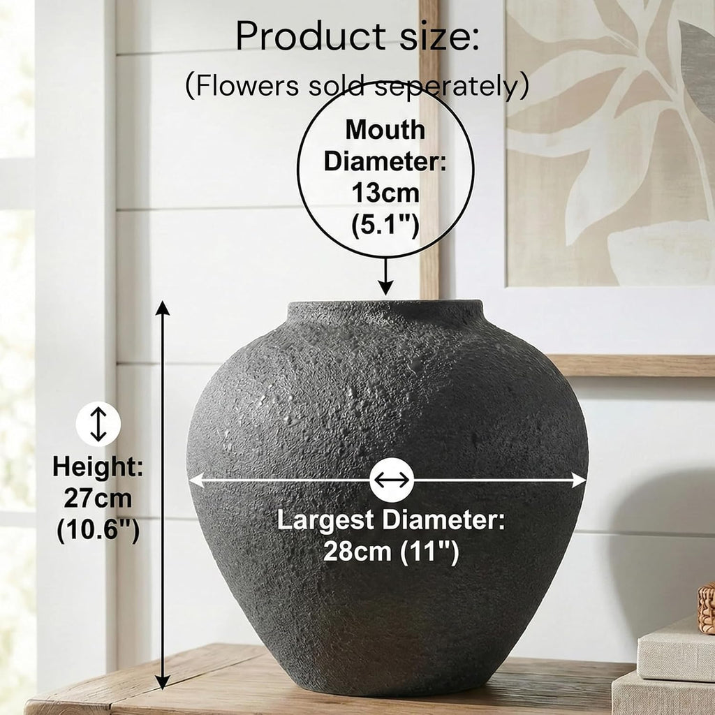 Large Black Round Vase, Pottery Rustic Look for Home Decor