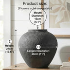 Large Black Round Vase, Pottery Rustic Look for Home Decor