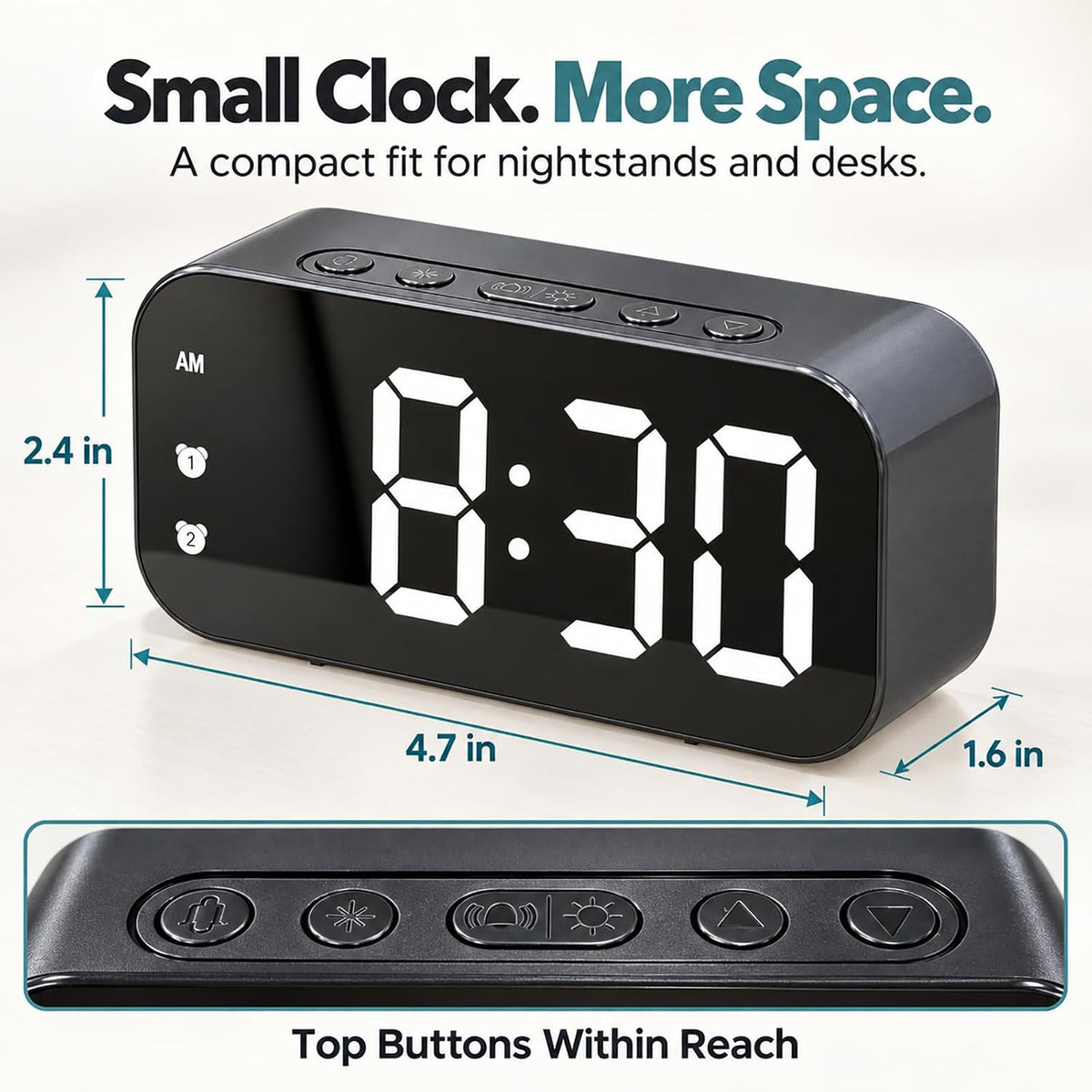 Alarm Clock Small Digital Desk for Bedrooms Bathroom Battery Operated Bedside Travel Powered Teens with Backup Simple Loud Nightstand Mini Large Display Table Desktop Office Shelf Seniors Portable LED