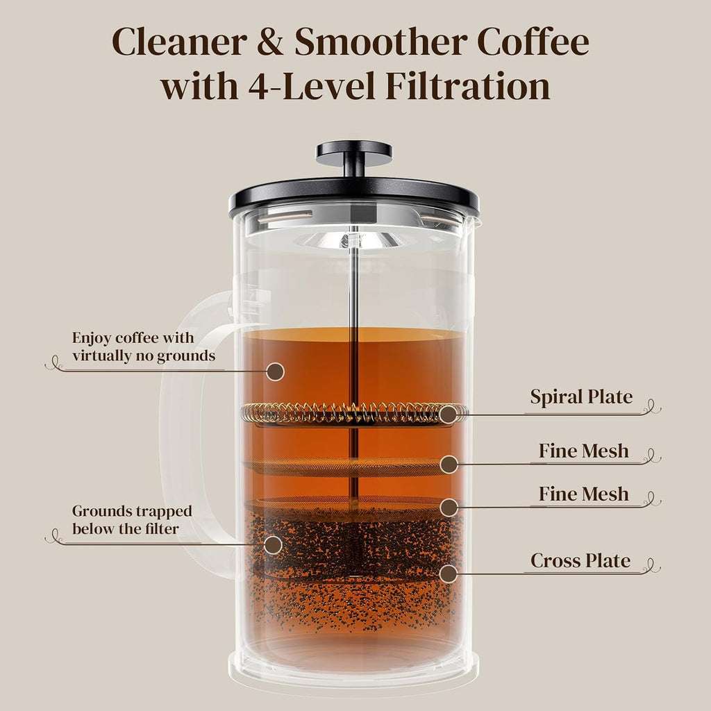 Veken 34oz French Press Coffee Maker, No Plastic Touching Cafe,1 L Cafetera