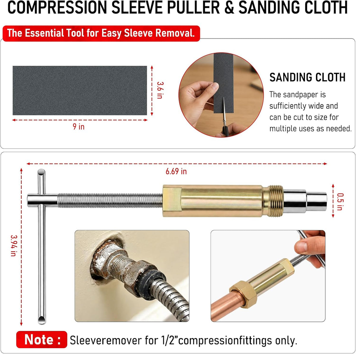 Angle Stop Wrench Kit, 1/2" Compression Sleeve Puller, Pro Plumber Wrench