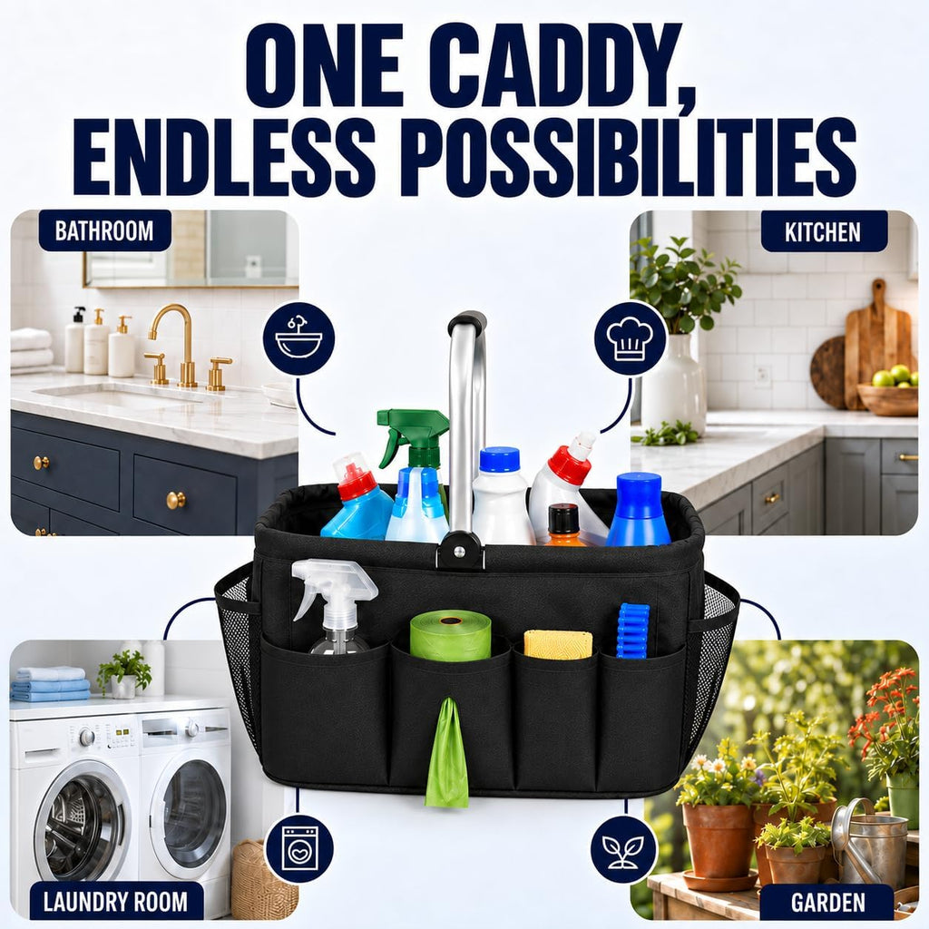 20L Foldable Cleaning Caddy with Handle, Black Storage Basket