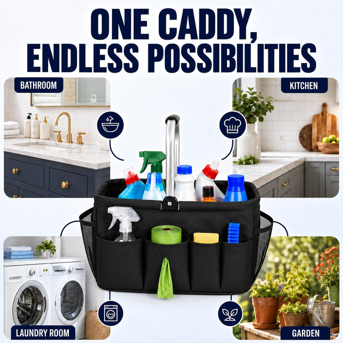 20L Foldable Cleaning Caddy with Handle, Black Storage Basket