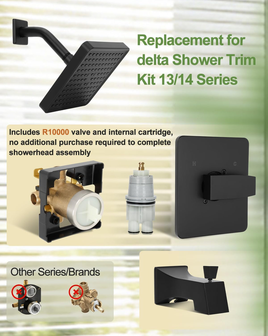 Replacement for Delta Shower Trim Kit 14 Series, 6-Inch Black Shower Head and Handle Set, Includes R10000-UNBXHF Valve and RP46074 Cartridge, Matte Black(with Cartridge and Valve)