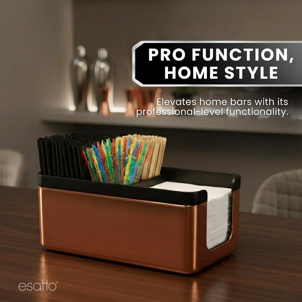 Esatto Square Bar Caddy Organizer with 12 Pourers & Caps, Copper