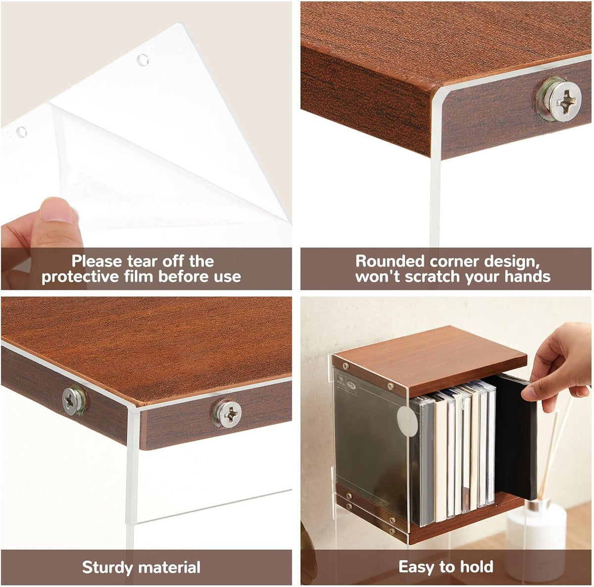 Threehoney 4 Pcs Retro MDF Cd Holder, Walnut Colored DVD Shelf Rack