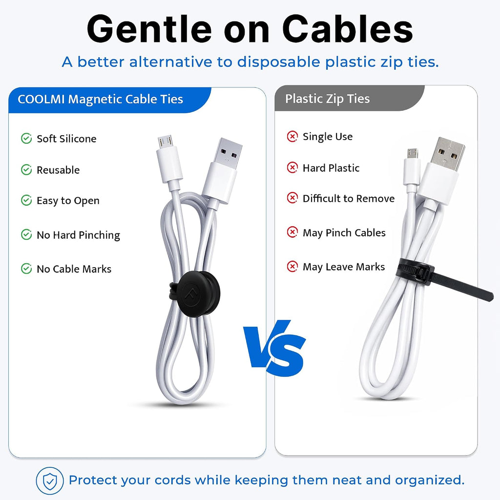 COOLMI Magnetic Cable Ties 12 Pack, 6.88 Inch Reusable Silicone Cord Organizer Wraps, Magnetic Cable Straps for Charging Cords, USB Cables, Earbuds, Travel, Black & Assorted