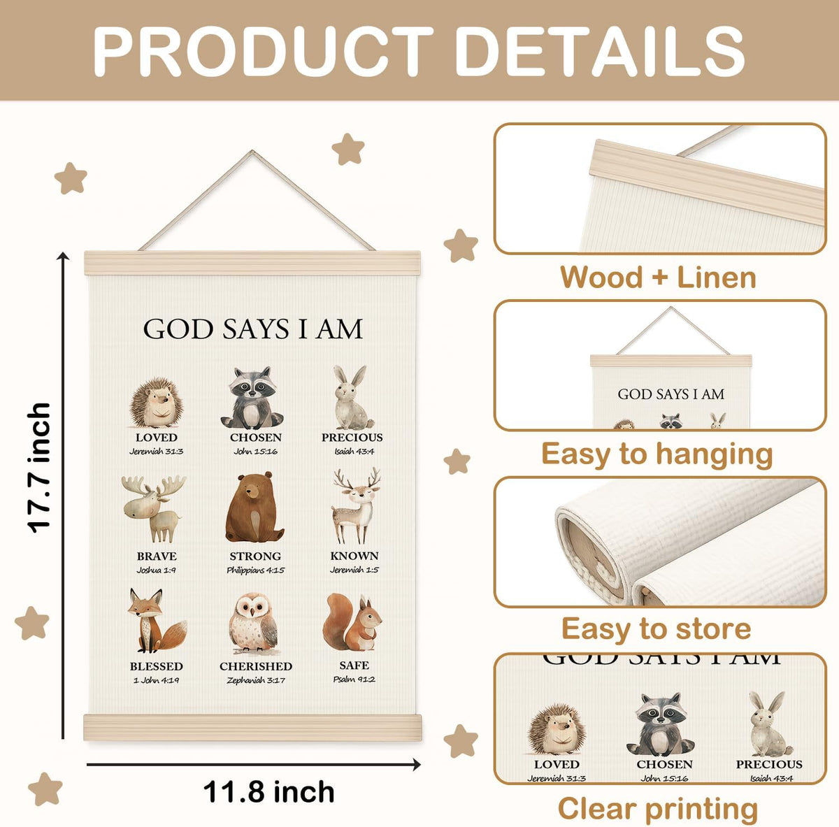 Woodland Christian Wall Art for Nursery, 11x17in Oxford Cloth Hanging Banner with Bible Verses, Woodland Animal Forest Theme Scripture Decor for Kids Bedroom, Prayer Room, Nursery & Spiritual Gifts