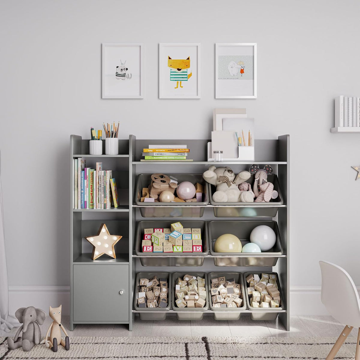 Sturdis Toy Storage Organizer with Bookshelf, Kids Playroom Organization Shelving Unit with Removable Storage Bins & Safety Anti-Tip Bracket, Gray