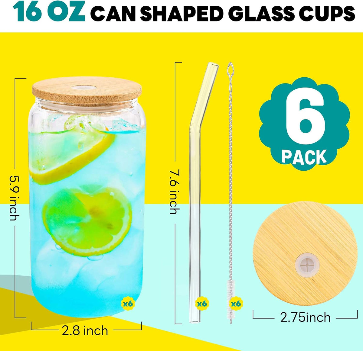 Joyclub 6pcs 16Oz Glass Cups with Bamboo Lids and Straws Drinking Glasses