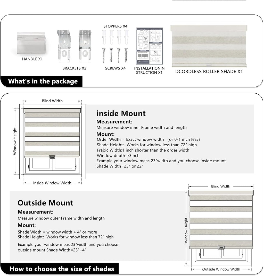 AOSKY Cordless Zebra Blinds for Indoor Windows, 34" W x 72" H, White