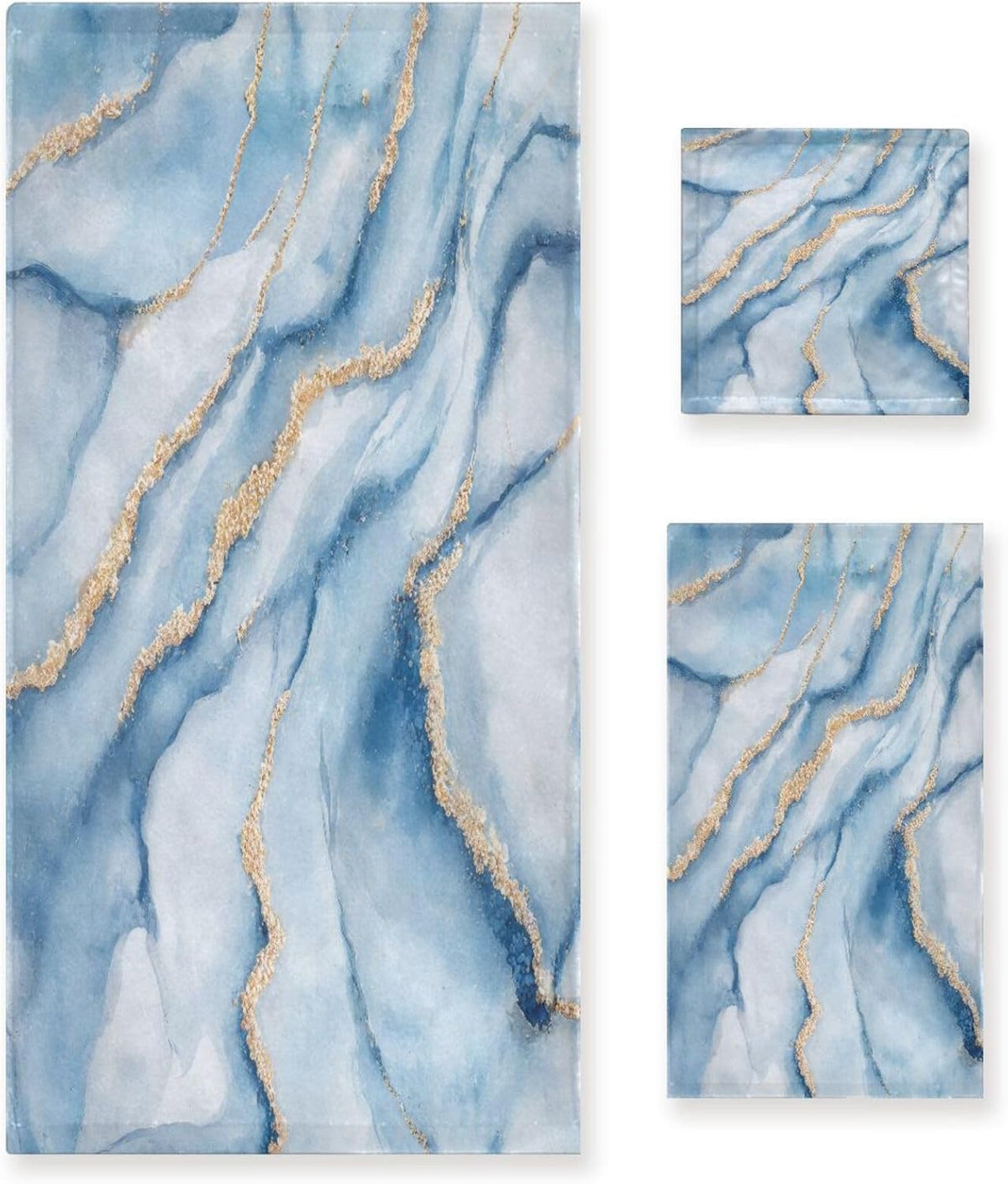 Blueangle White Blue Marble 3 Piece Bathroom Towel Set – Soft, Absorbent and Eco-Friendly – Includes 1 Bath Towel, 1 Face Towel/Washcloth, 1 Hand Towel
