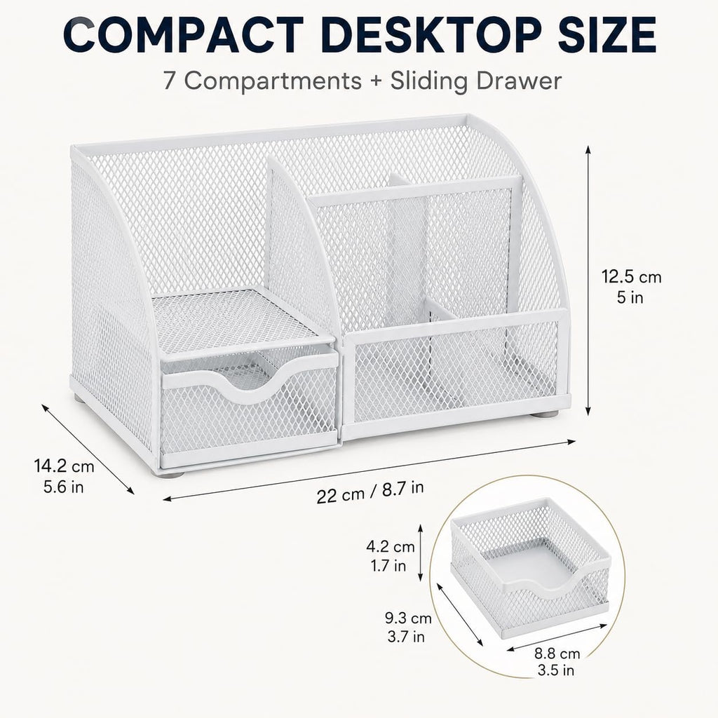 Exerz Desk Organizer 7 Compartments Metal Mesh Pen Holder Caddy White