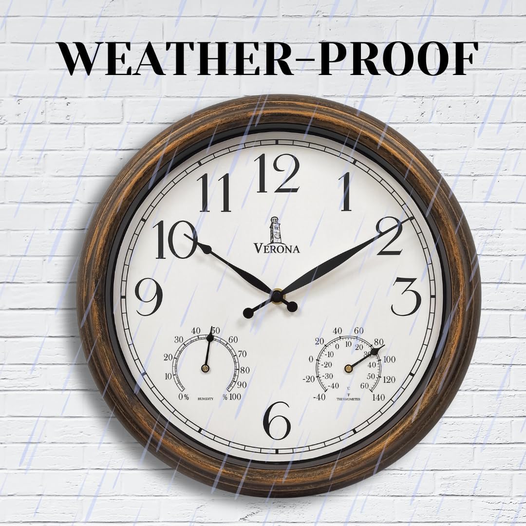 Outdoor Patio Clock - Waterproof Thermometer Combo, 14 Inch, Bronze