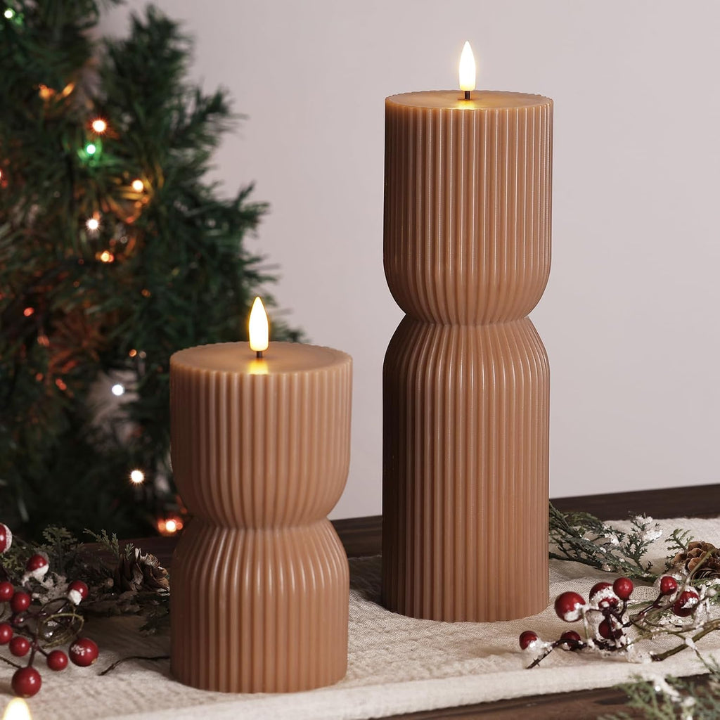 Brown Ribbed Fall Flameless Pillar Candles with Remote Set of 2